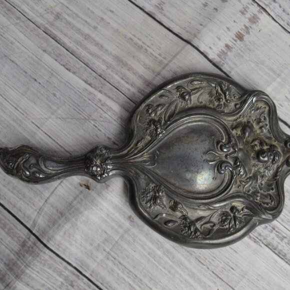 Antique Art Nouveau Flowing Hair Woman Victorian Silver Plate Vanity Hand Mirror - Picture 10 of 11